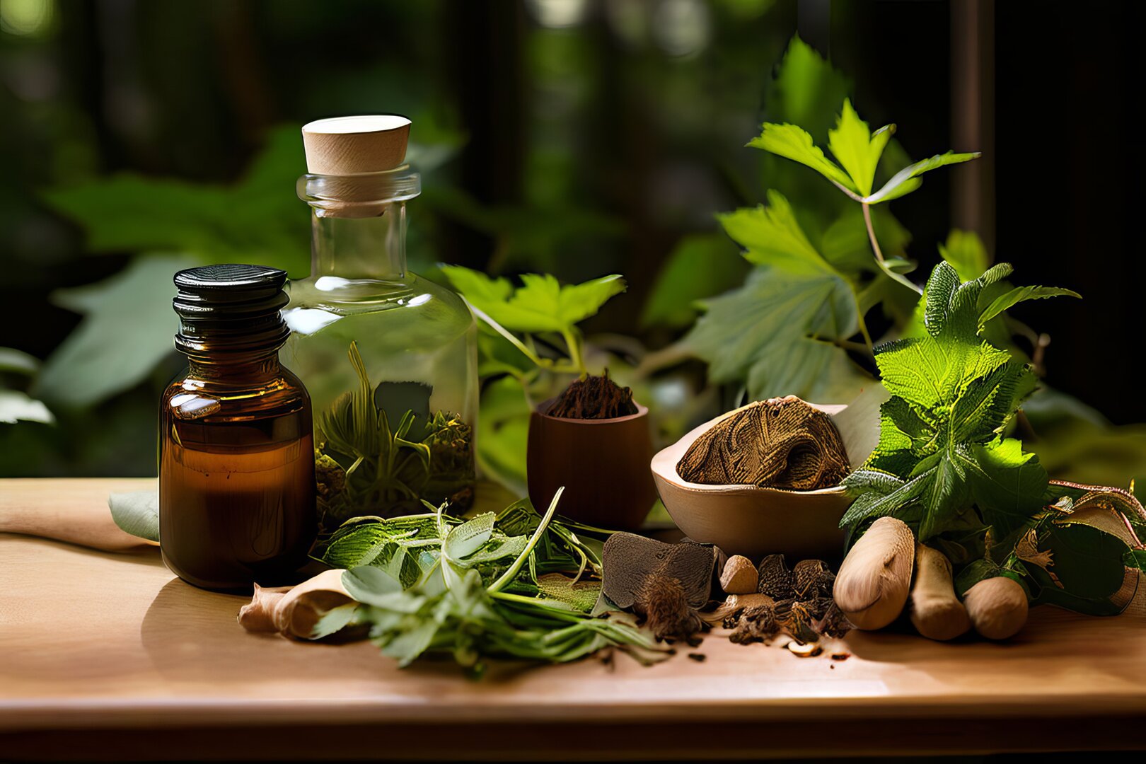 plantas medicinales, frascos de vidrio y hierbas naturales utilizadas en terapias de medicina natural